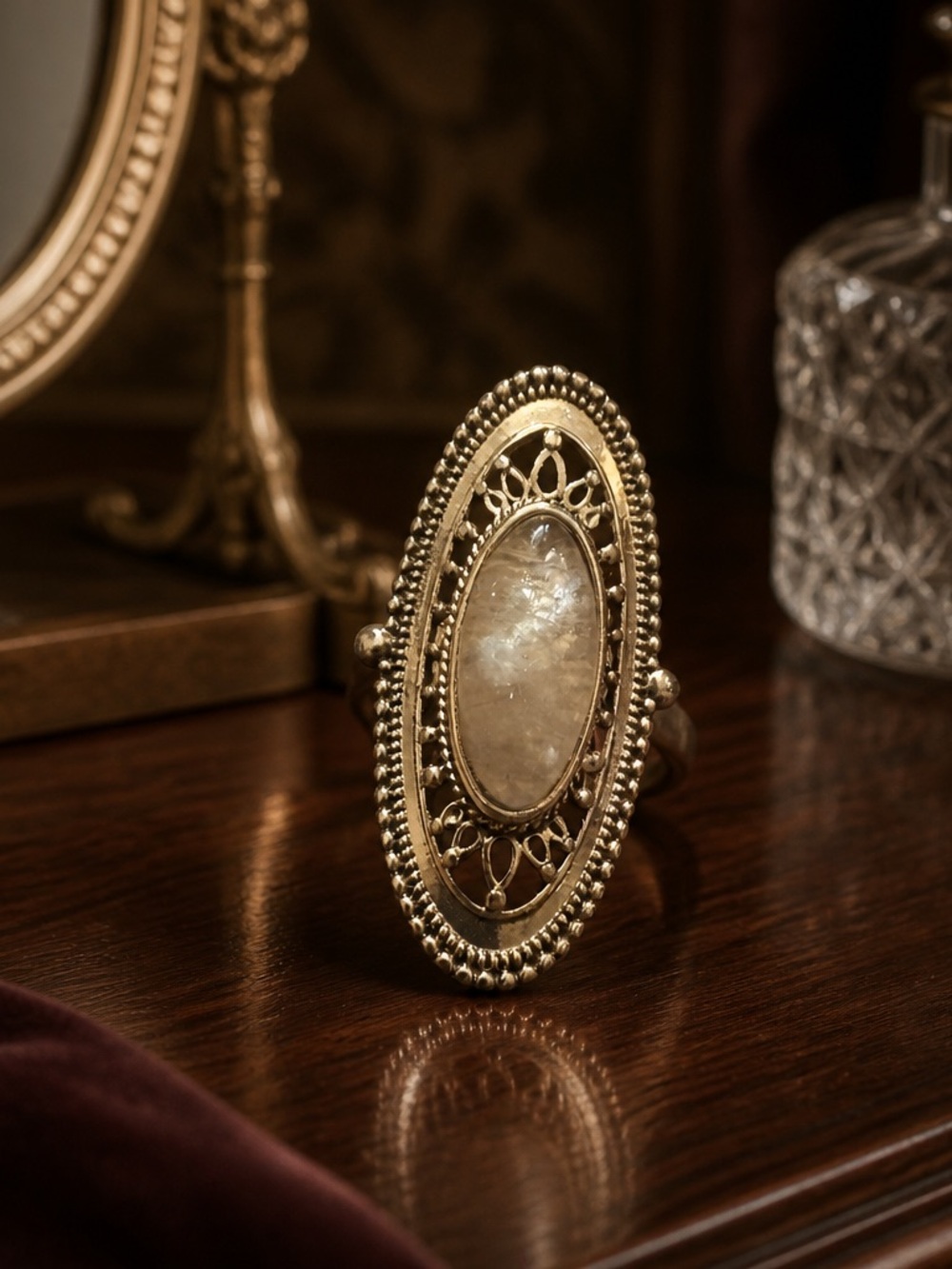 Vintage Gold Filigree Oval Moonstone Statement Ring - Women Jewelry